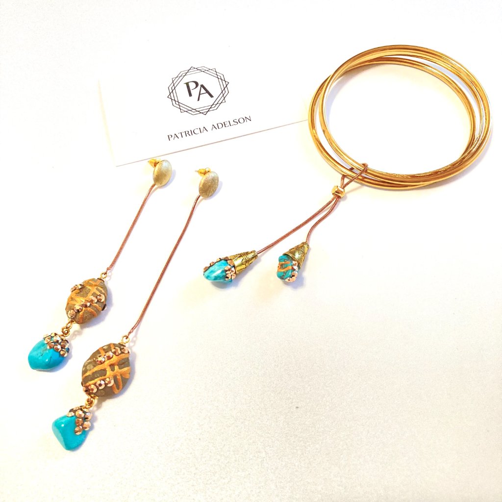 Bracelet, Earrings Turquoise Stones Rhinestones